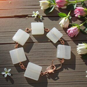 White Marble Bracelet, Geometric Stone Chain, Rose Gold